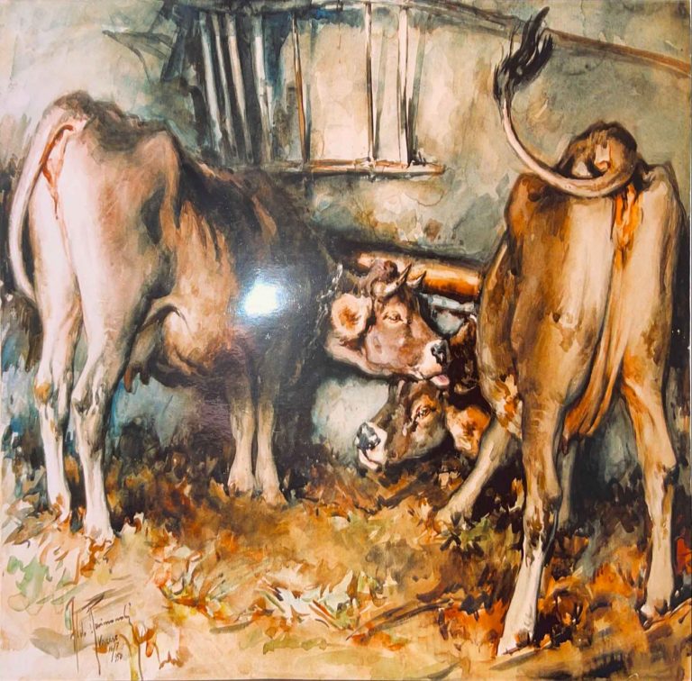 Mucche nella stalla – Acquerello – 70×100