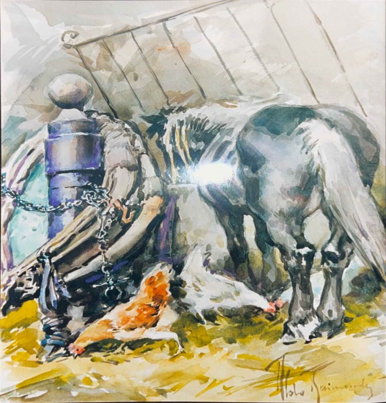 Cavallo con galline – Acquerello – 35×50