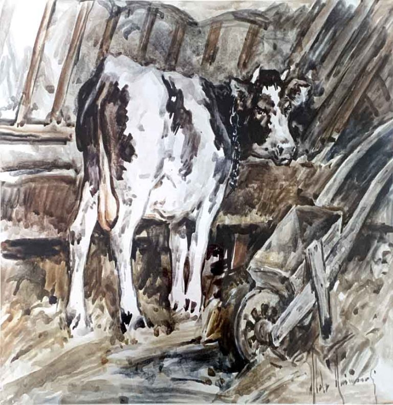 Mucca in stalla – Acquerello – 35×50